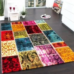 Paco Home Tapis Moderne De Marque Tapis Vintage Patchwork Multicolore Vert Rouge Jaune Bleu 120x170 Cm