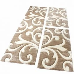 Paco Home Tour De Lit Tapis De Couloir Tapis Moderne Feuillage Motif Beige Crème 3 Pièces 2x 80x150 / 1x 80x300 Cm
