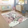 Paco Home Tapis Pour Enfant Arc-En-Ciel Licorne Pastel Rose Ø 120 Cm Rond
