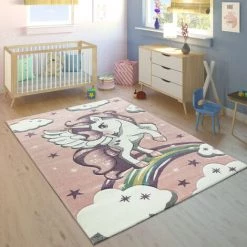 Paco Home Tapis Pour Enfant Arc-En-Ciel Licorne Pastel Rose Ø 120 Cm Rond