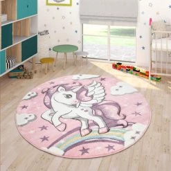 Paco Home Tapis Pour Enfant Arc-En-Ciel Licorne Pastel Rose Ø 120 Cm Rond -Tapis et paillasson Soldes 52486318 3