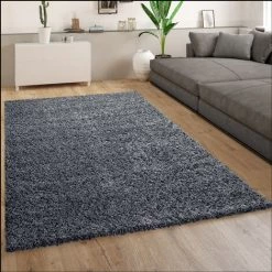 Paco Home Tapis Shaggy Tapis Salon Shaggy Poil Long Moderne Motif Monochrome Bleu Clair Ø 120 Cm Rond