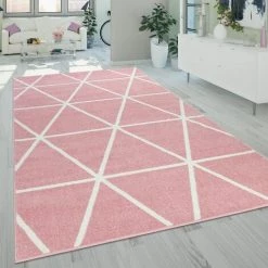Paco Home Tapis De Salon À Poils Ras Moderne Géométrique Motif Losanges En Pastel Rose 60x100 Cm