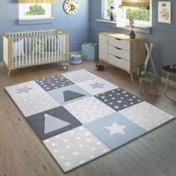 Paco Home Tapis Enfant Chambre Enfant Poils Ras Étoiles Pois Montagnes Bleu Blanc Gris 80x150 Cm