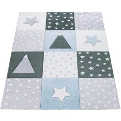 Paco Home Tapis Enfant Chambre Enfant Poils Ras Étoiles Pois Montagnes Bleu Blanc Gris 80x150 Cm -Tapis et paillasson Soldes 53563868 5