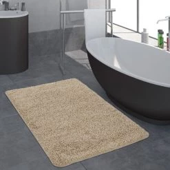 Paco Home Tapis Salle De Bain Moderne Uni Poils Longs Tapis De Bain Antidérapant Beige 60x100 Cm