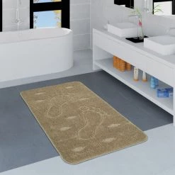 Paco Home Tapis Salle De Bain Moderne Antidérapant Tapis De Bain Empreintes De Pas Uni Beige 70x120 Cm