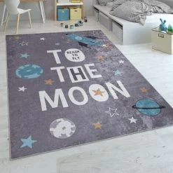 Paco Home Tapis Pour Enfants, Tissage Plat Pour Chambre D'enfant, Avec Motif Fusées Et Diction, Gris 160x230 Cm