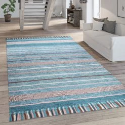 Paco Home Tapis De Salon Moderne Aspect Rayures Avec Franges Coton Tapis Tissé Vert 60x110 Cm