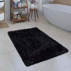 Paco Home Tapis De Bain Moderne Salle De Bain Tapis Shaggy Moelleux Doux Uni Noir 40x55 Cm