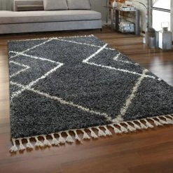 Paco Home Tapis Salon Gris Poils Longs Design Losanges Style Scandinave Shaggy À Franges 60x100 Cm