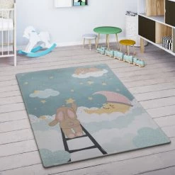 Paco Home Tapis Enfant Tapis Chambre Enfant Etoile Nuage Lune Lièvre Turquoise Crème 120x160 Cm