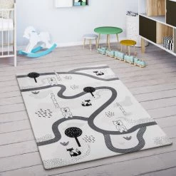 Paco Home Tapis Enfant Tapis Chambre Enfant Motif Animal Arbre Rue Blanc Gris 120x160 Cm
