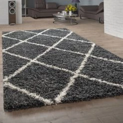 Paco Home Tapis Poils Longs, Shaggy Pour Salon, Design Scandinave Et Losanges Gris Foncé Ø 80 Cm Rond