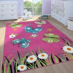 Paco Home Tapis Enfant Filles Chambre Enfant Tapis Jeux Poils Ras Papillons Rose 160x220 Cm