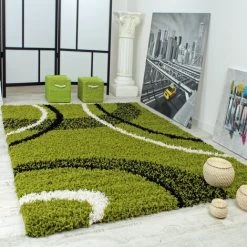 Paco Home Tapis Shaggy Longues Mèches Hautes Motifs Vert Noir Blanc 230x320 Cm