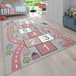 Paco Home Tapis Pour Enfant Chambre D'Enfant, Tapis De Jeu Motif Rues, Marelle, Rose 80x150 Cm