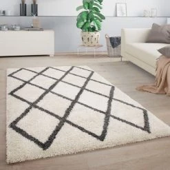 Paco Home Tapis Shaggy Tapis Salon Poils Longs Scandinave Motif Diamant Blanc Anthracite 60x100 Cm
