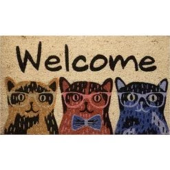 Baroni Home Paillasson Extérieure De Noix De Coco Avec Une Base En PVC Peinte à La Main Représentant Trois Chats Avec Des Verres écrits De Bienvenue 70x40x2 Cm. Facile à Nettoyer Et Ultra-résistant