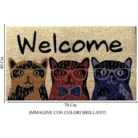 Baroni Home Paillasson Extérieure De Noix De Coco Avec Une Base En PVC Peinte à La Main Représentant Trois Chats Avec Des Verres écrits De Bienvenue 70x40x2 Cm. Facile à Nettoyer Et Ultra-résistant 2 Baroni Home Paillasson Extérieure De Noix De Coco Avec Une Base En PVC Peinte à La Main Représentant Trois Chats Avec Des Verres écrits De Bienvenue 70x40x2 Cm. Facile à Nettoyer Et Ultra-résistant – Image 2
