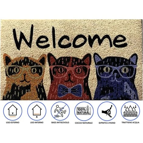 Baroni Home Paillasson Extérieure De Noix De Coco Avec Une Base En PVC Peinte à La Main Représentant Trois Chats Avec Des Verres écrits De Bienvenue 70x40x2 Cm. Facile à Nettoyer Et Ultra-résistant 3 Baroni Home Paillasson Extérieure De Noix De Coco Avec Une Base En PVC Peinte à La Main Représentant Trois Chats Avec Des Verres écrits De Bienvenue 70x40x2 Cm. Facile à Nettoyer Et Ultra-résistant – Image 3