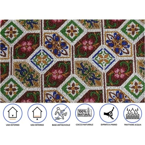 Baroni Home Paillasson De Noix De Coco Peinte à La Main à La Main à La Main En Plein Air, Style Sicilien 70x40 Cm Facile à Nettoyer Et Super Résistant. Tuiles Vertes Et Brunes 2 Baroni Home Paillasson De Noix De Coco Peinte à La Main à La Main à La Main En Plein Air, Style Sicilien 70x40 Cm Facile à Nettoyer Et Super Résistant. Tuiles Vertes Et Brunes – Image 2