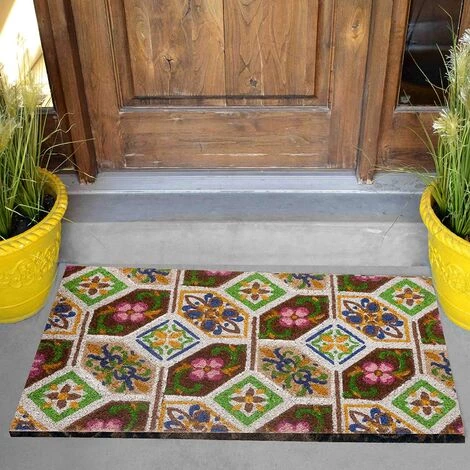 Baroni Home Paillasson De Noix De Coco Peinte à La Main à La Main à La Main En Plein Air, Style Sicilien 70x40 Cm Facile à Nettoyer Et Super Résistant. Tuiles Vertes Et Brunes 4 Baroni Home Paillasson De Noix De Coco Peinte à La Main à La Main à La Main En Plein Air, Style Sicilien 70x40 Cm Facile à Nettoyer Et Super Résistant. Tuiles Vertes Et Brunes – Image 4