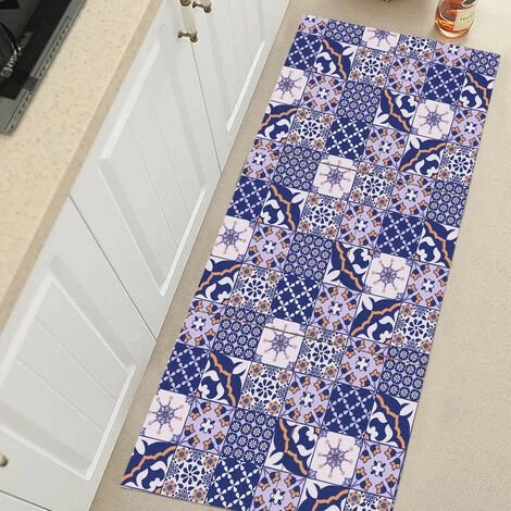 MINETGNON Tapis De Cuisine/Tapis De Couloir - Motif Carraux Bleu - Style Vintege - 45*120cm 1 MINETGNON Tapis De Cuisine/Tapis De Couloir - Motif Carraux Bleu - Style Vintege - 45*120cm