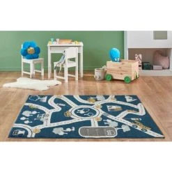 OZAIA Tapis Enfant ROADY - 100 X 150 Cm - Bleu, Beige Et Jaune - Bleu Nuit