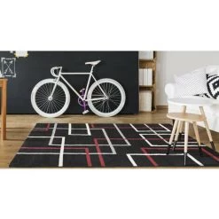 OZAIA Tapis Géométrique CUBIO - 200 X 290 Cm - Noir, Blanc Et Rouge - Noir