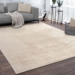 Paco Home Tapis De Salon Poils Ras Lavable Monochrome Style Moderne Beige Crème Ø 120 Cm Rond
