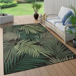 Paco Home Tapis Exterieur Terrasse Salon Cuisine Boho Fleuri Motif Palmiers Vert Noir 60x100 Cm