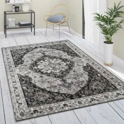 Paco Home Tapis De Salon Poils Ras Oriental Ornements Avec Bordure Noir Gris 80x150 Cm