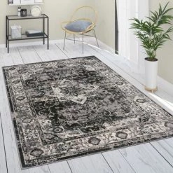 Paco Home Tapis De Salon Poils Ras Ornements Marocain Avec Bordure Moderne Noir Gris 80x150 Cm