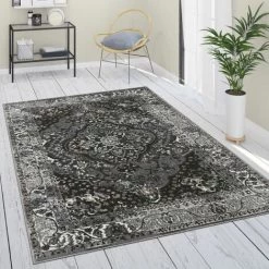 Paco Home Tapis De Salon Poils Ras Oriental Fleuri Avec Bordure Moderne Noir 80x150 Cm