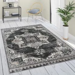 Paco Home Tapis De Salon Poils Ras Marocain Mandala Geometrique Noir Gris 60x100 Cm