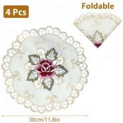 FLYME 4 Pièces De Dentelle Brodée Cutwork Ronde Napperons Sets De Table Vase Coussinets, Coton/lin, Multicolore, 11.8''* 11.8" (30*30cm) -Tapis et paillasson Soldes 58515338 4