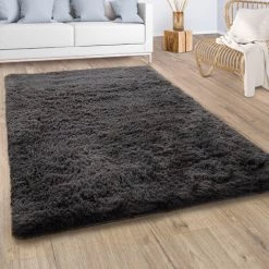Paco Home Tapis De Salon Poil Long Shaggy Fausse Fourrure Pelucheux Uni Gris Anthracite Ø 120 Cm Rond