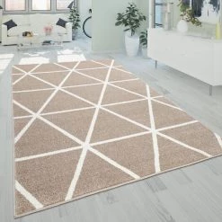Paco Home Tapis De Salon Poils Ras Style Scandinave Losanges Moderne Beige Blanc 160x220 Cm