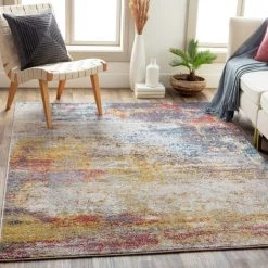 SURYA - Tapis De Salon Et Chambre - Abstrait Moderne - VALERIE - 157x213cm - Multicolore - Bleu Et Moutarde