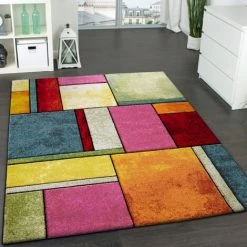 Paco Home Tapis Design à Carreaux Contour Trendy Multicolore L'Oeil Vert Bleu Orange Rose 60x110 Cm