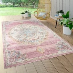 Paco Home Tapis Exterieur Terrasse Balcon Tapis Cuisine Motif Oriental Bordure Rose Bleu Ø 160 Cm Rond
