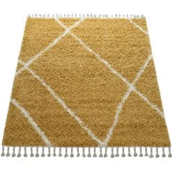 Paco Home Tapis Poils Longs Jaune Salon Doux Shaggy Motif Losanges Scandinave À Franges 60x100 Cm -Tapis et paillasson Soldes 61252164 4