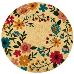 LOLA HOME Paillasson Rond Fleuri Rose Shabby Chic En Fibre De Coco Naturelle 60x60 Cm