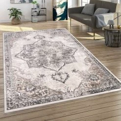 Paco Home Tapis De Salon Poils Ras Moderne Motif Oriental Ornements Avec Bordure Mandala 60x100 Cm, Gris 7