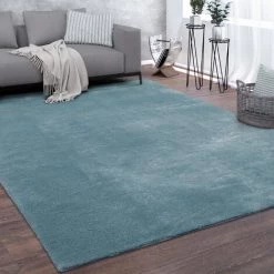Paco Home Tapis De Salon Poils Ras Lavable Monochrome Style Moderne Turquoise 80 Cm Rond