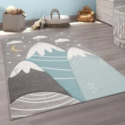 Paco Home Tapis Enfant Tapis Chambre Enfant Fille Garcon Pastel 3D Motif Montagne Moderne Ø 120 Cm Rond, Gris Bleu