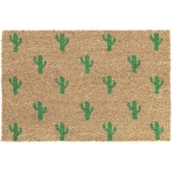 Relaxdays Paillasson Coco, Tapis D’entrée Motif Cactus, Antidérapant, Intérieur & Extérieur, 40x60 cm, Naturel/vert