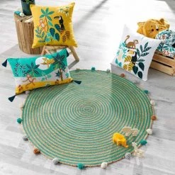 DOUCEUR D'INTÉRIEUR Tapis Rond Pompons 90 Cm Jute Polycoton Baloo - Bleu -Tapis et paillasson Soldes 63947790 3