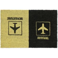 Relaxdays Paillasson Coco, «Arrival Departure», Tapis De Porte Motif D’avion, Intérieur, Extérieur, 40x60 Cm, Noir/jaune